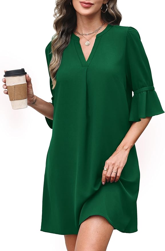 RUMIA Shift Dress for Women V Neck Ruffle Short Sleeve Loose Casual Summer Dress