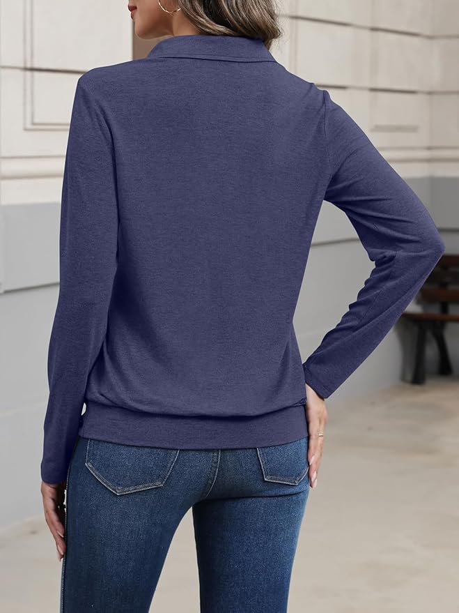 Womens Polo Shirts Long Sleeve Banded Bottom Tops Business Casual Tops Collared V Neck Blouses