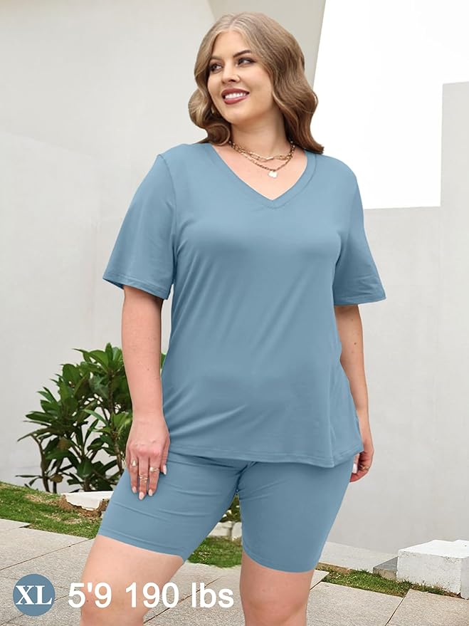 AGSEEM Two Piece Outfits For Women Summer V Neck T-Shirt Tops Biker Shorts Workout Sports Tracksuit