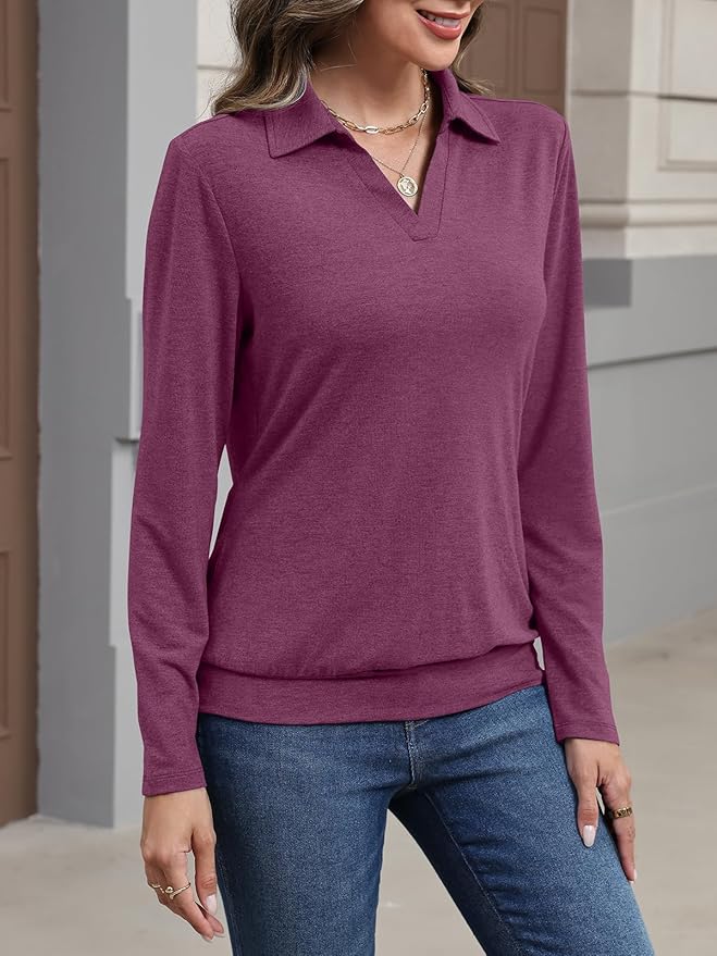 Womens Polo Shirts Long Sleeve Banded Bottom Tops Business Casual Tops Collared V Neck Blouses