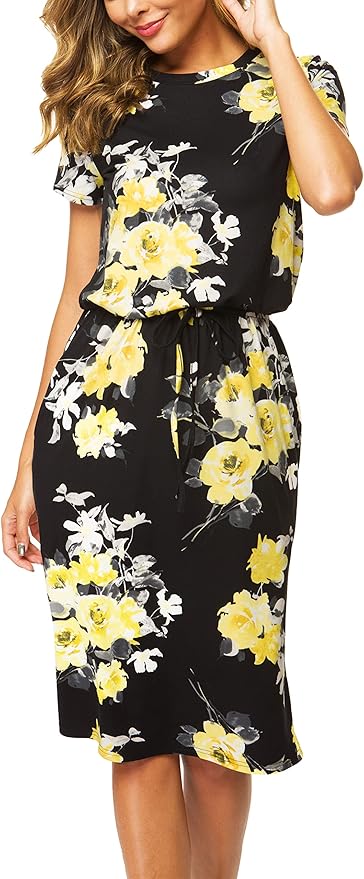 Simier Fariry Womens Spring Hide Belly Knee Length Travel Dress Pocket Summer Short Sleeve Midi Work Casual Outfits