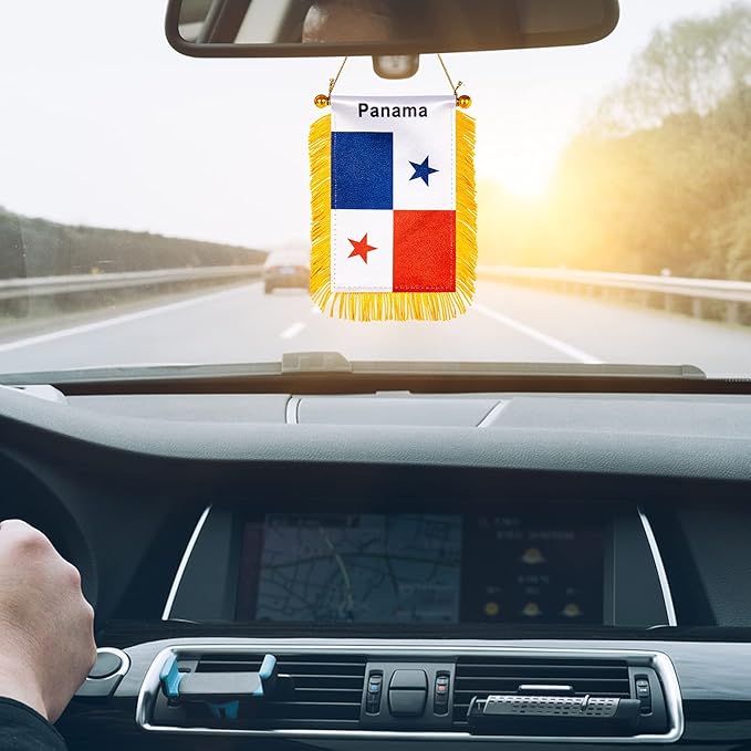 ZXvZYT 3 X 5 Inch Panama Window Hanging Flag Panamanian Small Mini Car Flags Banners Rearview Mirror Decoration - with Suction Cup & Golden Fringy Banner(2 Pack)