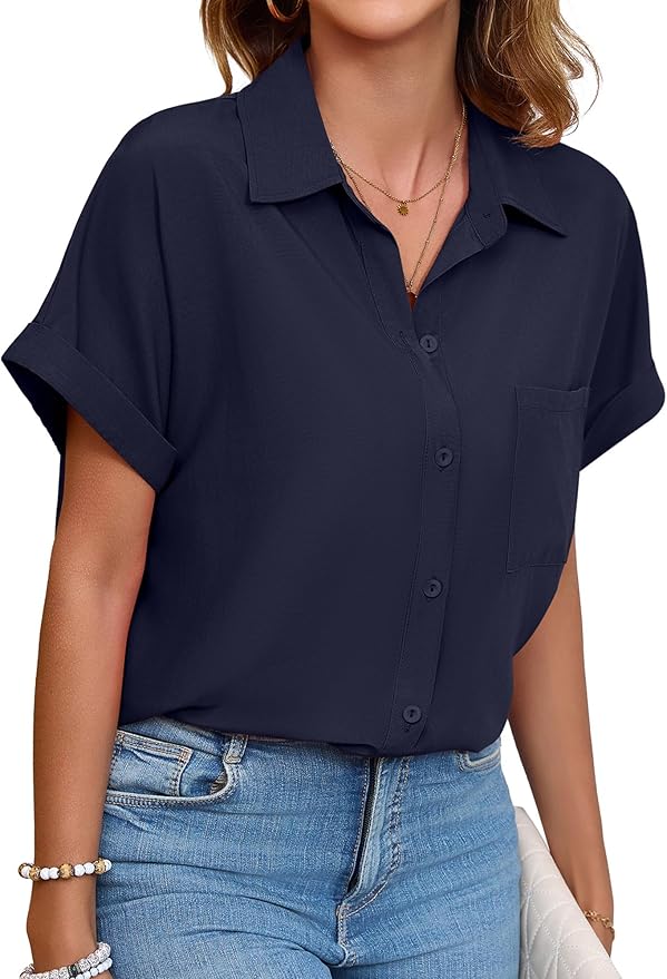 Womens Button Down Shirt Casual Short Sleeve Collared Work Blouse with Pocket