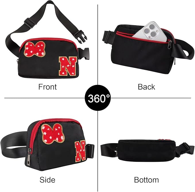 Initial Letter Bow Mouse-Ear Fanny Pack for Teen Girls,Cute Chenille Belt Bag Crossbody Travel Waist Pack for Women&Kids,Personalized Gift for Theme Park,School & Travel, Birthday Christmas(N)