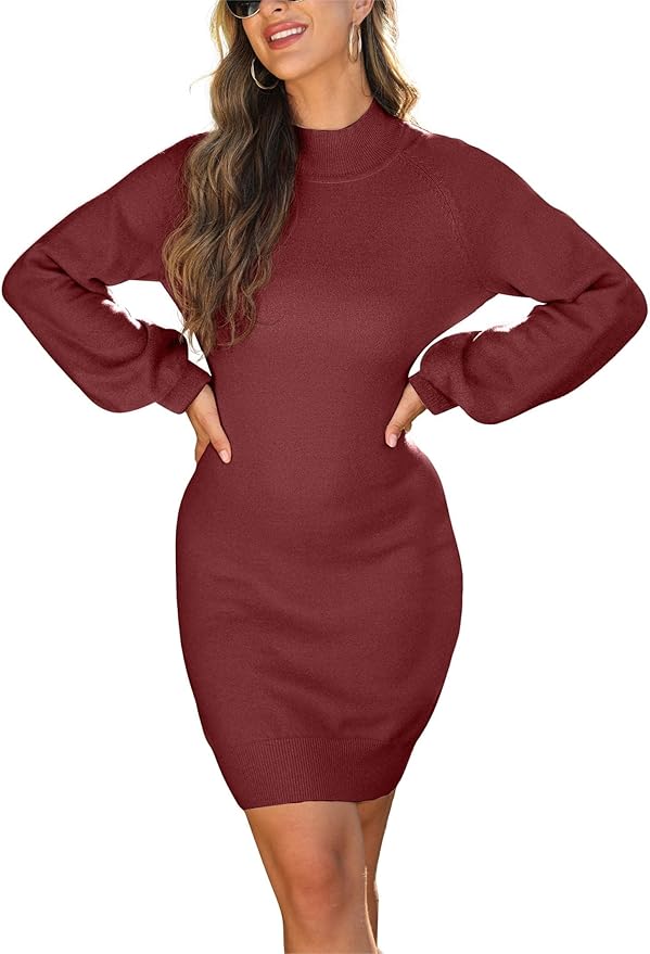 GRECERELLE 2026 Women's Mock Neck Ribbed Long Sleeve Bodycon Pullover Cute Mini Sweater Dress (XS-2XL)