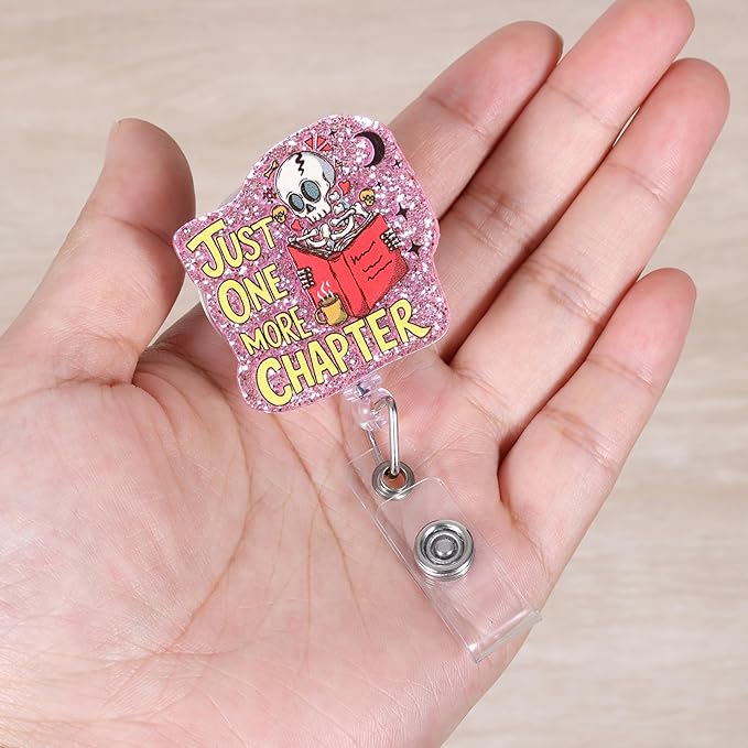 Just One More Chapter Book Lover Badge Reel, Cute Reading Skeleton Librarian Retractable ID Card Badge Holder, Interchangeable Name Tag Badge Clip for Library Staff Gifts, Bookworm Accessories