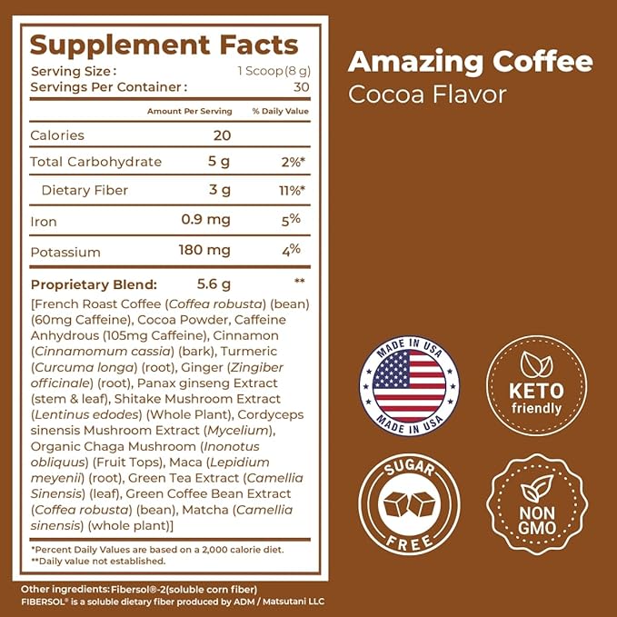 Superfoods Company |Amazing Coffee - Instant French Roast | Adaptogenic Mushrooms, Superfoods infused - Energy, Focus, Digestion, Immunity - 30 Servings - Cocoa Flavor