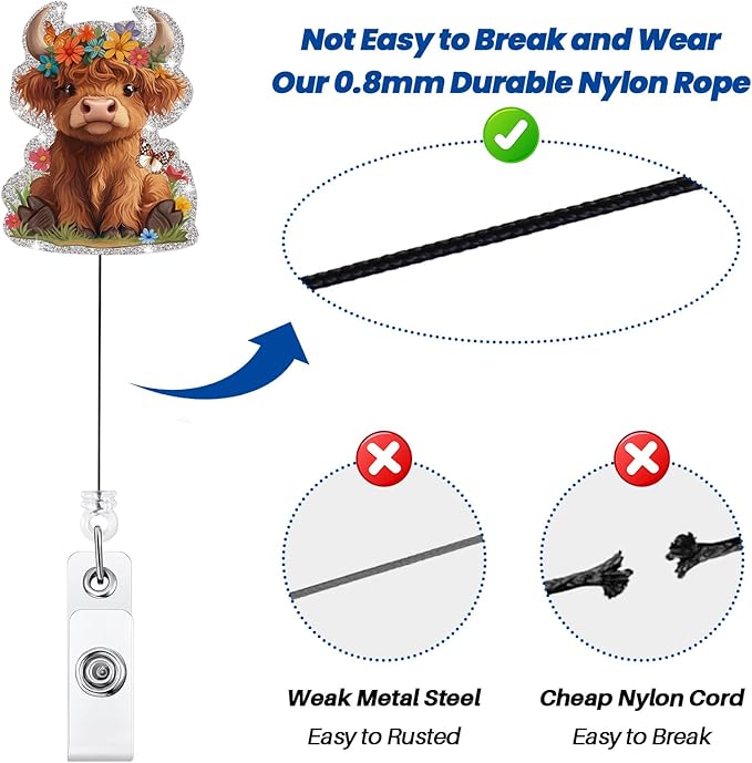 Funny Badge Reel, Cute Highland Cow Retractable ID Card Badge Holder, Name Tag Pediatric Badge Clip for NICU RN LPN CNA MA ER Night Shift Nurse Nursing Student OB/GYN ICU Doctor Teacher, Nurse Gifts
