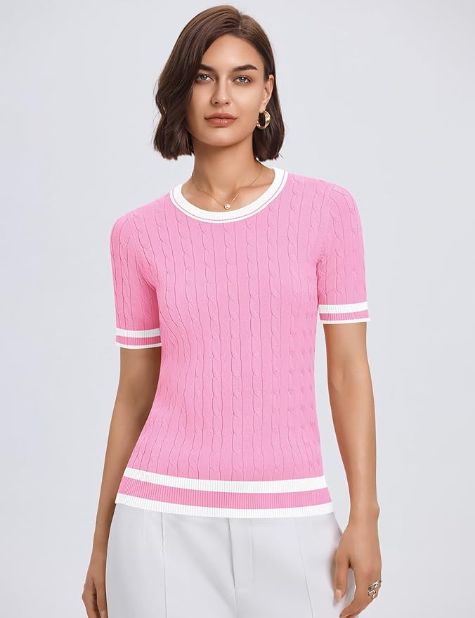 Micoson Womens Short Sleeve Cable Knit Sweater Tops Crewneck Lightweight Spring Summer Shirts Business Dressy Casual Outfits