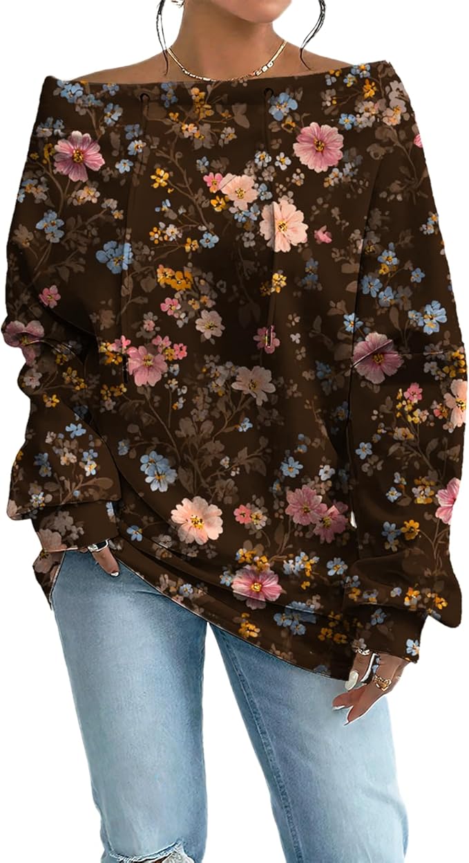 Womens Sweatshirts Floral Print Sexy Off The Shoulder T Shirts Oversized Long Sleeve Pullover Fall Tops