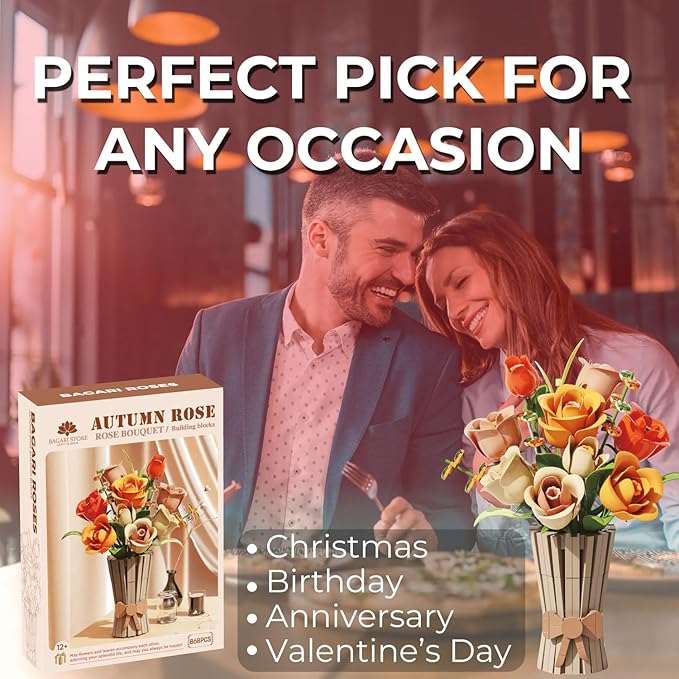 Bagari Roses Bouquet Building Set - Artificial Flowers Building Blocks with Vase, Compatible with Lego Kit for Adults - Collection for Home Office Decor Gifts for Women Men Birthday Anniversary 868PCS
