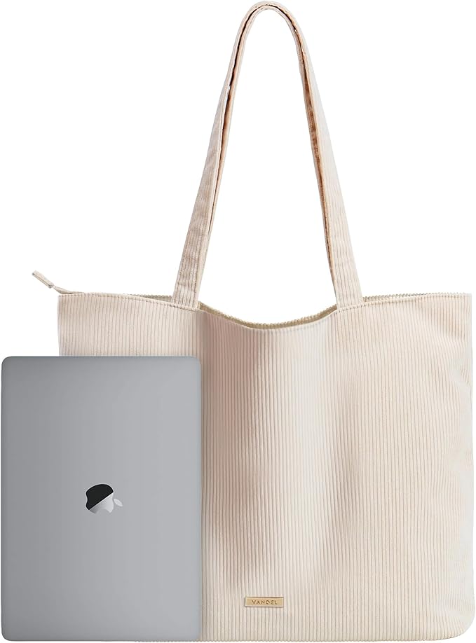 VANDEL Corduroy Tote Bag for Women and Men with Zipper and Inner Pockets. Cute School Tote Bag with Zipper, Aesthetic