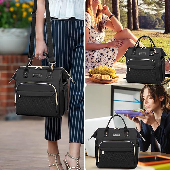 AIJIEKE Lunch Bag for Women, Leakproof & Insulated Work Lunch Box Tote, Reusable Adult Cooler Bag with Water Bottle Side Pocket & Removable Shoulder Strap, Black