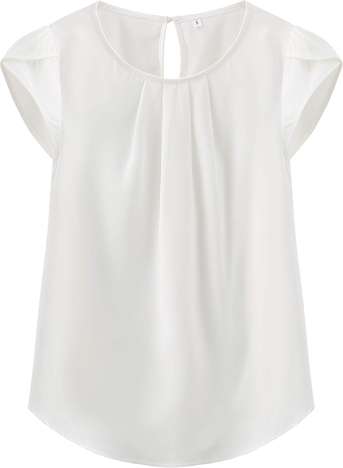 TASAMO Women's Casual Round Neck Basic Pleated Top Cap Sleeve Curved Keyhole Back Chiffon Blouse