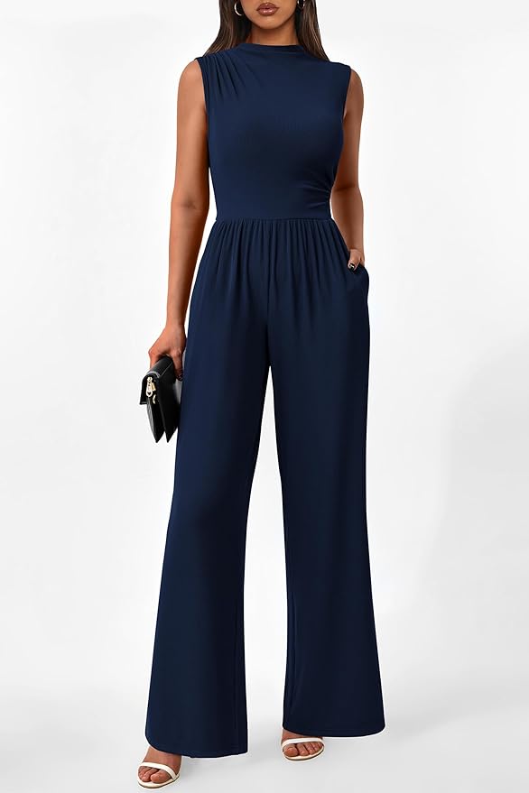 PRETTYGARDEN Womens Summer Jumpsuits Dressy Casual One Piece Outfits Sleeveless Mock Neck Wide Leg Pants Rompers with Pockets