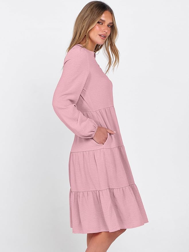 ANRABESS Womens Fall Midi Dresses Long Sleeve V Neck Swing Tiered Work Business Casual 2026 Flowy Beach Vacation Dress