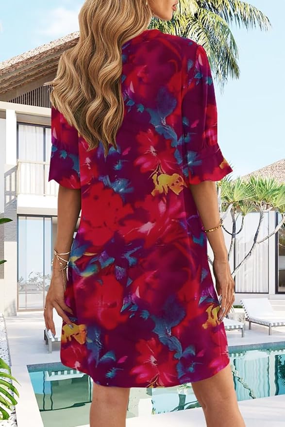 QACOHU Summer Dresses for Women V Neck Ruffle Short Sleeve Casual Shift Dress