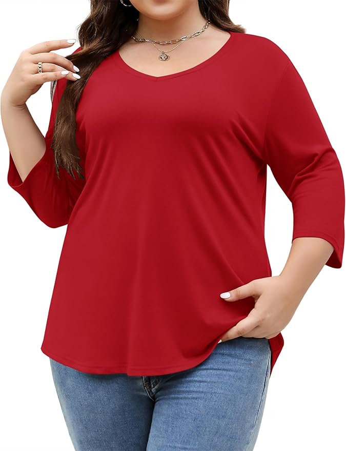 TFSDOD Womens Plus Size Tops V Neck T Shirts 3/4 Sleeve Blouse Summer Casual Tees XL-5X