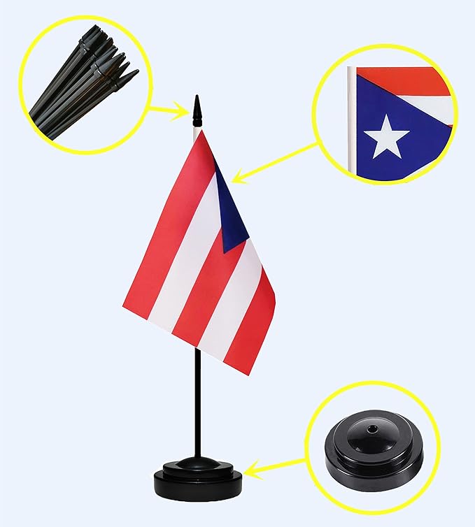 Puerto Rico Puerto Rican Deluxe Desk Flag Set Small Mini Miniature Puerto Rico Puerto Rican Table Desktop Flags With Solid Pole, Black Base and Spear Top(2 Pack)