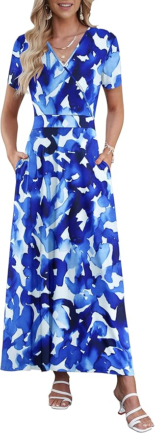 AUSELILY Maxi Dresses for Women Ankle Length Floral Print Beach Long Flowy Dress with Pockets