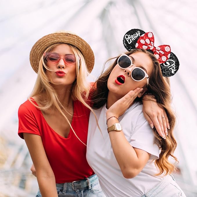 ETLUK Mouse Ears Headband, Mouse Ears Sequin Bow Headbands for Women Girls, Birthday Party Decorations (Birthday Girl)