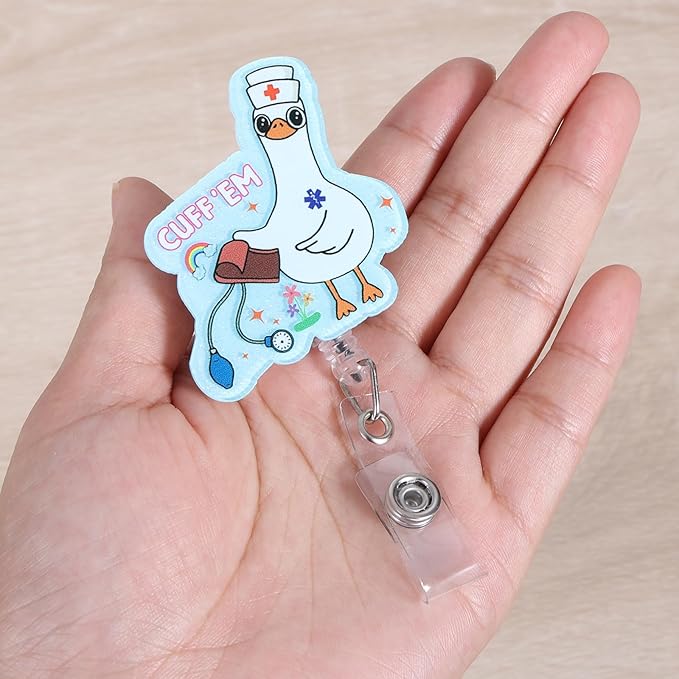 Cuff 'Em Funny Nurse Badge Reel, Cute Retractable ID Card Badge Holder with Alligator Clip, Silly Goose Name Tag Medical Badge Buddy for RN CAN LPN MA BSN Nursing Student Doctor, Nurse Gifts, Acrylic