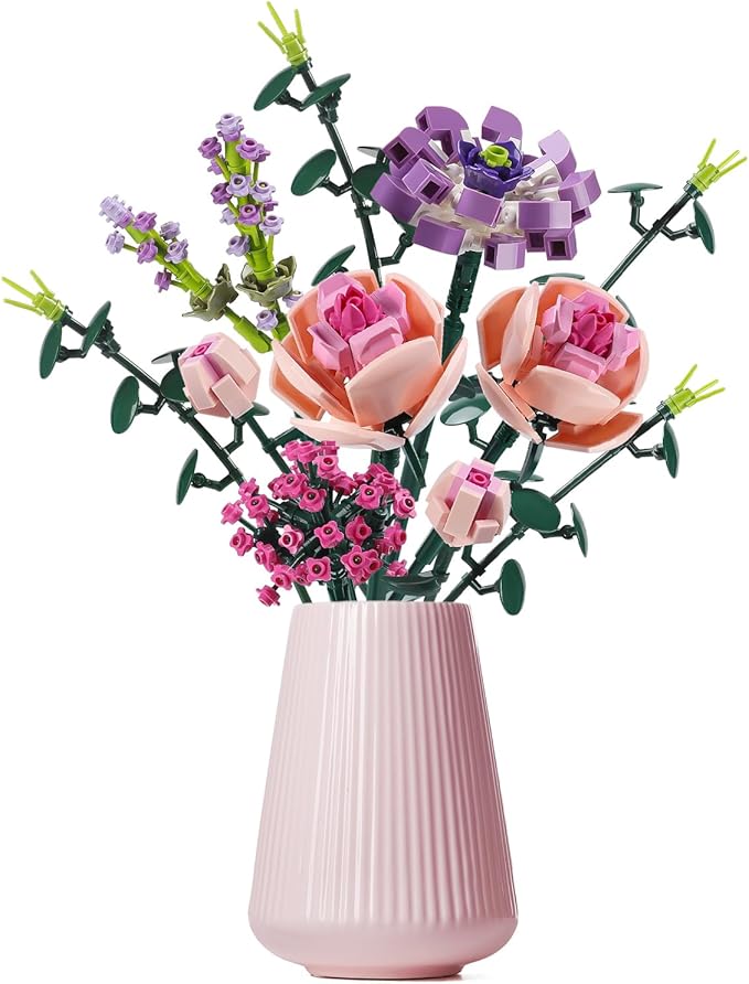 Chodia Flower Bouquet Building Blocks Artificial Pink Rose Botanical Collection Bricks Sets Toys Kits Christmas X'Mas Valentine Gifts Birthday Creative Gifts for Adults Mom Girlfriends(413PCS)