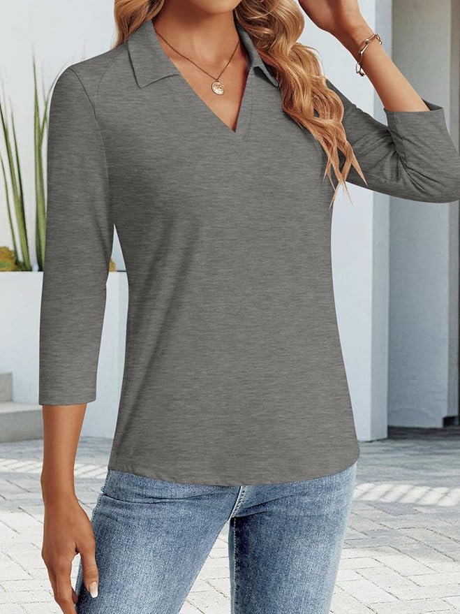 3/4 Length Sleeve Womens Tops Dressy Casual V Neck Polo Shirts Business Work Blouses 2025 Trendy Tunic Top