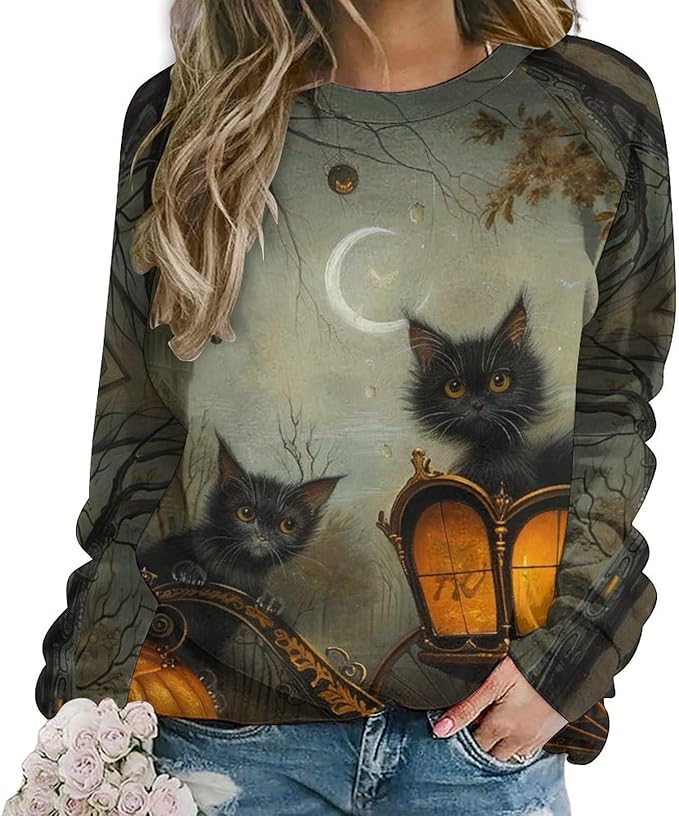Spatofa Womens novelty funny cat printed crewneck sweatshirt casual loose long sleeve graphic pullover sweatshirts tops