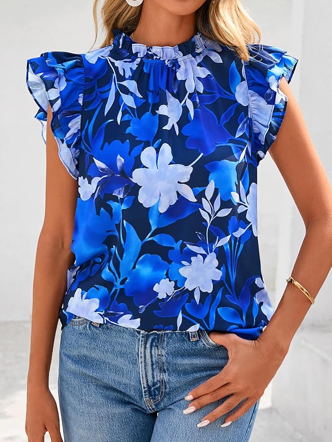 PRETTYGARDEN Women's Ruffle Short Sleeve Summer Tops 2026 Trendy Floral Trim Neck Casual Dressy Chiffon Boho Blouses Shirts