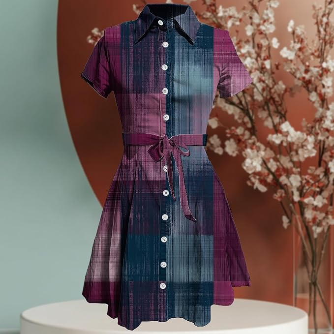 MARSVOVO Vintage Retro Shirt Dress for Women Short Sleeve Button Down Tie Waist Elegant Smocked Knee Length Dress