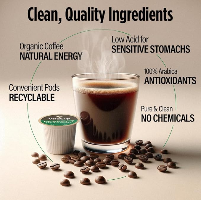 VitaCup Perfect Low Acid Coffee Pods, USDA Organic & Fair Trade, Mycotoxin Free, Dark Roast Guatemala Single Origin, Clean & Pure Recyclable Single Serve Pod compatible w/Keurig K-Cup Brewers,16 CT