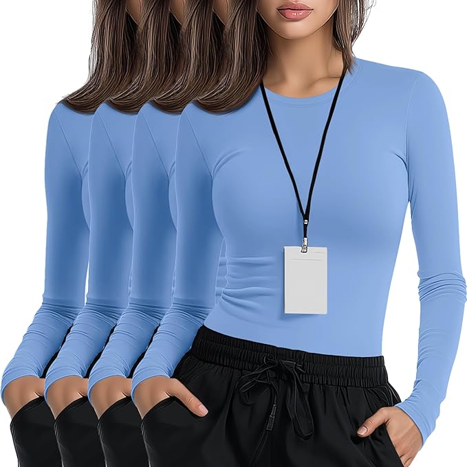4 Pack Women's Underscrub Shirts Nurse Undershirts Long Sleeve Crewneck Slim Fit Tops Soft Stretchy Basic Tee