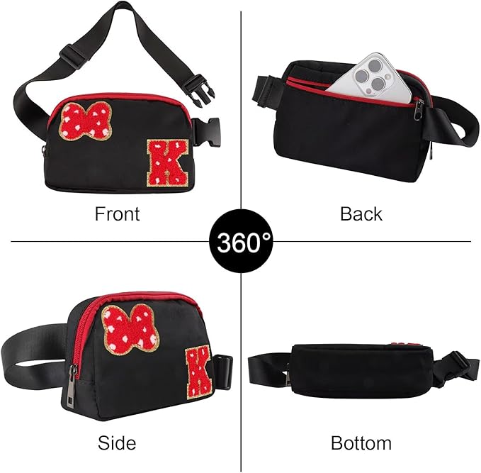 Initial Letter Bow Mouse-Ear Fanny Pack for Teen Girls,Cute Chenille Belt Bag Crossbody Travel Waist Pack for Women&Kids,Personalized Gift for Theme Park,School & Travel, Birthday Christmas(K