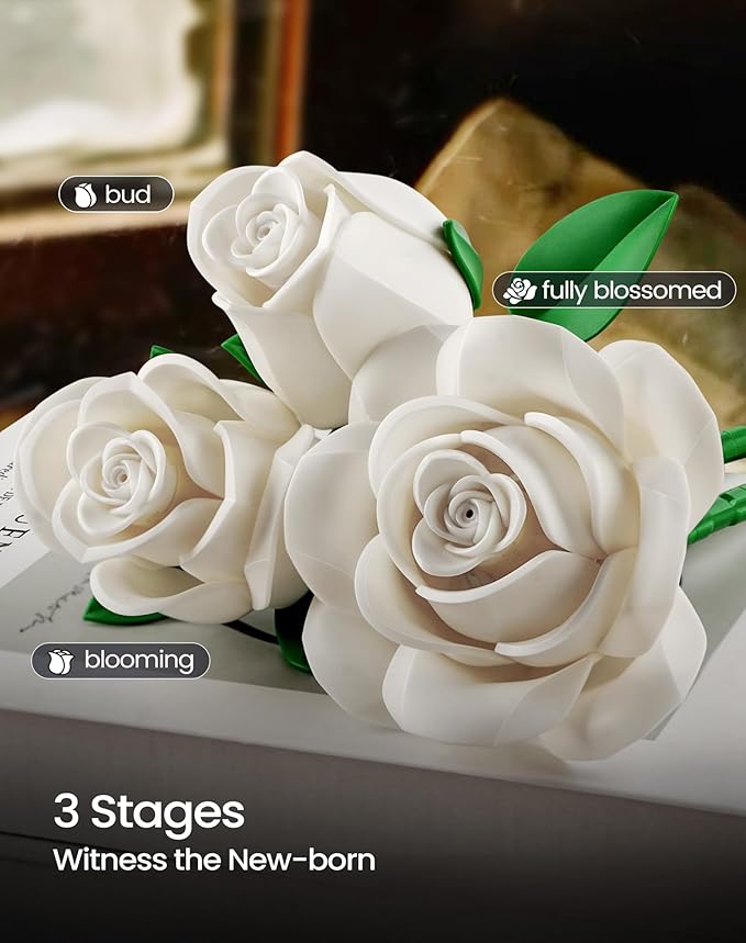 iATOM White Rose Bouquet Building Set, 12Pcs Wedding Flower Botanical Collection for Adult, Valentine's Day Gift for Her/Girlfriend/Mom/Wife/Couple, Boho Modern Home Office Table Centerpiece Decor