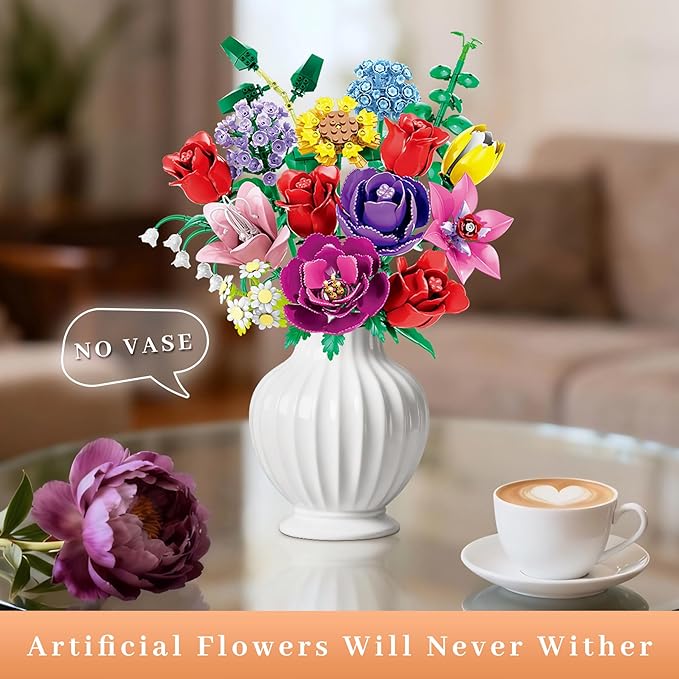 Loyratche Flower Bouquet Building Set, Compatible with Lego Flowers, 16 Flowers Rose Building Block, Artificial Flowers Botanical Collection Building Block Toy Plant Home Decor, Gift for Her (907 PCS)