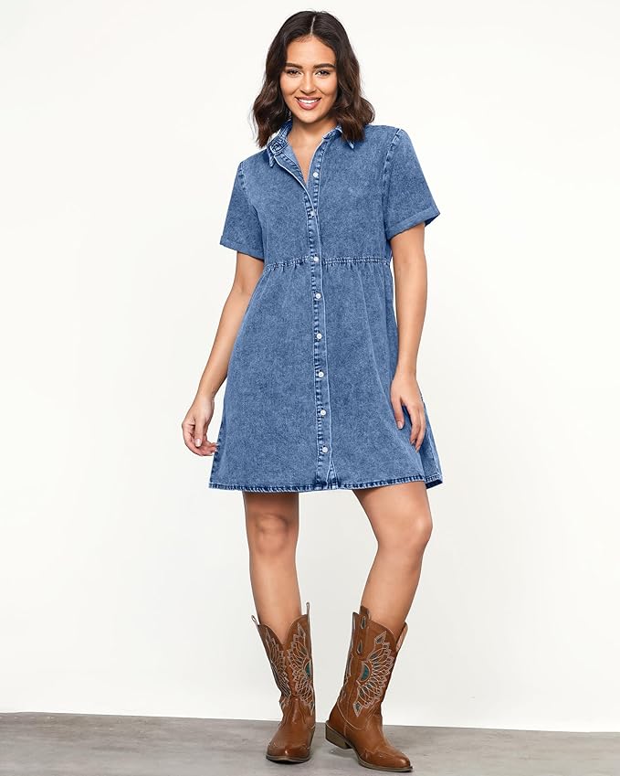 LookbookStore Women's Short Sleeve Button Down Flowy Tiered Babydoll Denim Dress