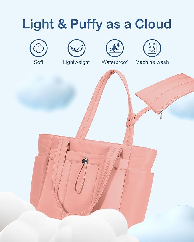 TOPDesign Puffy Tote Bag for Women with Cup Holder & Laptop Compartment & Cosmetic Bag & Trolley Sleeve for Work, Travel