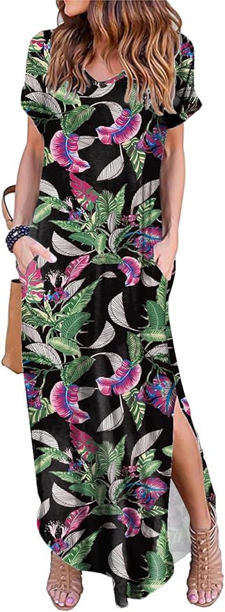 Arolina Women's Summer Maxi Dress Short Sleeve V Neck Casual Loose Long Beach Split Dresses with Pockets