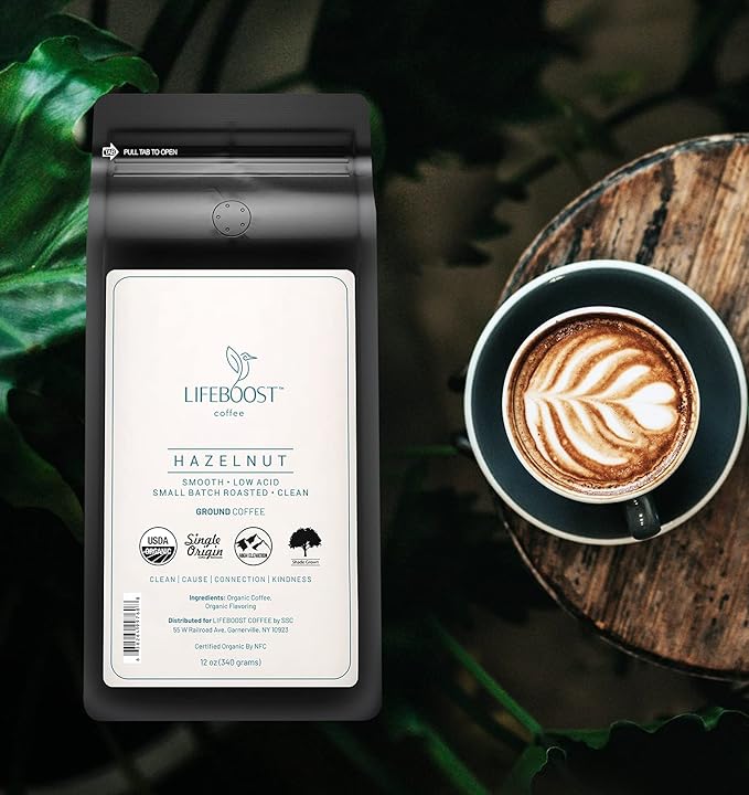 Lifeboost Hazelnut Ground Coffee – Organic, Low Acid, Non-GMO Hazelnut Flavored Coffee – Single Origin, Mold-Free Mycotoxin Tested Coffee, 12 oz