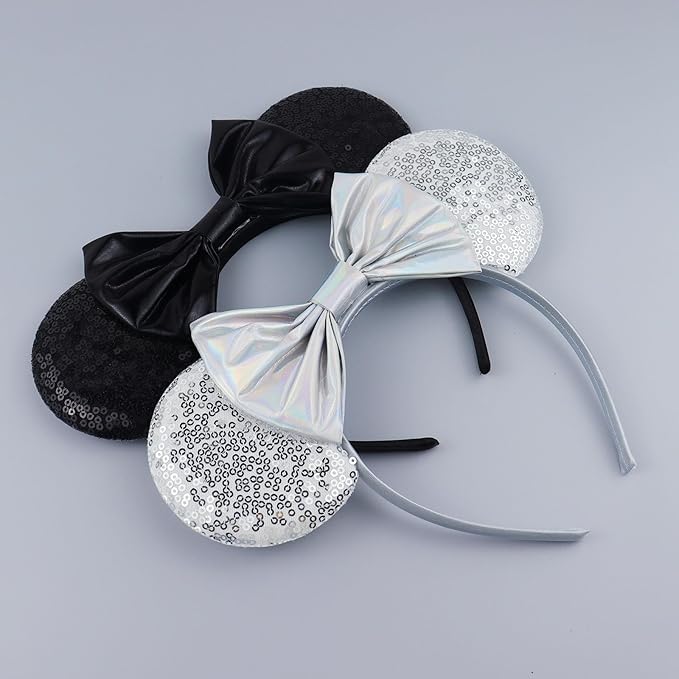 LIHELEI Mouse Ears Headband for Women, Black Headbands for Women Halloween Costume, Sequin Bows Headwear Hair Accessories-2pcs Silver+Black