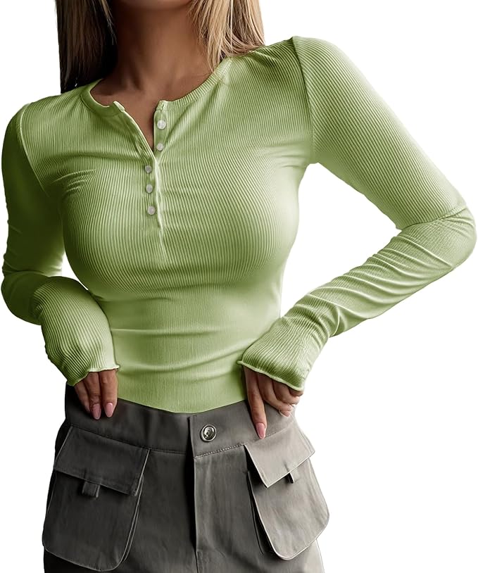 MARSVOVO Fashion Crop Tops for Women Scoop Neck Button Comfy Ribbed Slim Fit Cute Shirts Casual Party Fall Tops