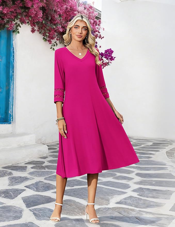 Zeagoo Women's Dresses 3/4 Sleeve Summer Casual V-Neck A Line Flowy Eyelet Midi Dress for Women Beach Vacation Sundress