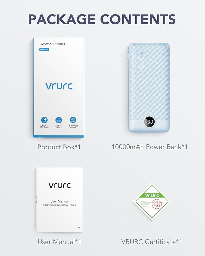 VRURC Portable Charger Built-in Cables and AC Wall Plug, USB C Power Bank 10000mAh, Travel Essentials Phone Charger Compact Lightweight External Battery Pack for Smart Phones, Tablets etc-Blue