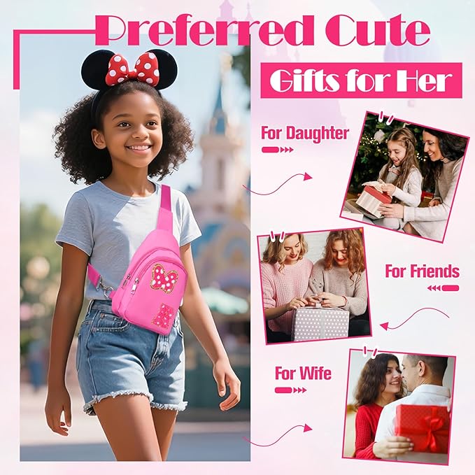 7 8 9 10 11 12 13 14 Year Old Girl Birthday Gifts, Pink Initial Bow Mouse Park Small Sling Bag for Girls Daughter Women, Teen Girl Gifts Trendy Stuff Crossbody Fanny Pack Must Haves for Park Travel R