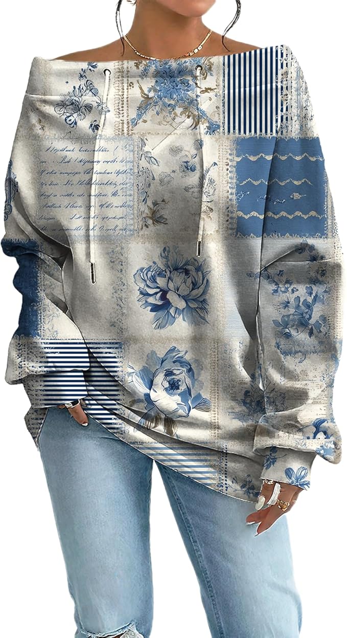 Womens Sweatshirts Floral Print Sexy Off The Shoulder T Shirts Oversized Long Sleeve Pullover Fall Tops