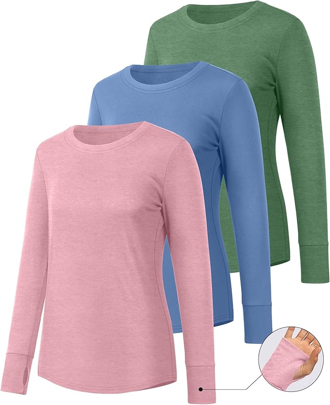 Huukeay 3 Pack Women's Long Sleeve Shirts with Thumb Holes, Cotton Casual Crew Neck Tunic Tops Fall Loose Y2k Trendy Outfits