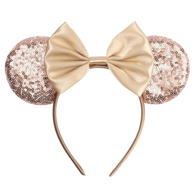 bianbaistar Champagne Glitter Mouse Ears Headband, Luxe Satin Bow for Bridal Events & Park Days