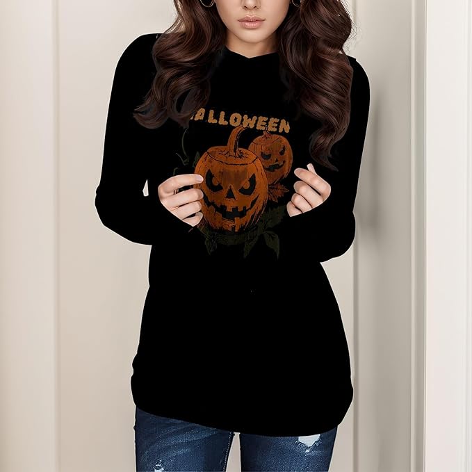 domirica Halloween Sweatshirts For Women Long Sleeve Spooky Graphic Sweatshirts Pumpkin Pullover Halloween Party Club Wear
