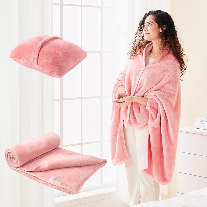 Mellowdy Shawl Blanket Pillow 2-in-1 with Sleeves for Office, Work, Home (Blossom Pink, 40x60) - Wearable Adult Snuggie Coat Poncho, Airplane Travel Set, Fleece Shoulder Wrap for Men and Women